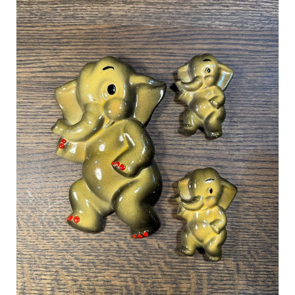 Vintage Chalkware Elephant‎ Wall Decor Set: Mid-Century Nursery Art